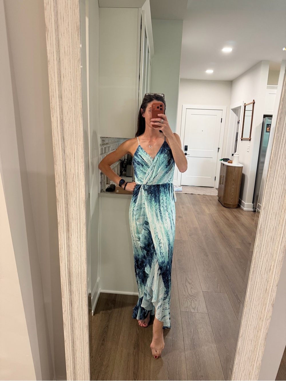 Parker Blue Multi color Maxi Ruffle Front Dress XS